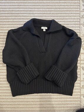Topshop Black V-Neck Collared Knit Sweater- oversized